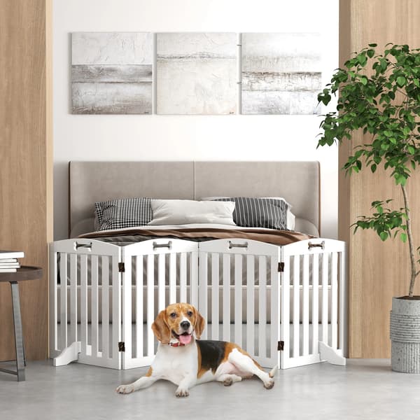 Hundebarriereport, Massivt Træ, 4 Paneler, 24 Tommer Bred pr. Panel, Foldbart Design, Anti-Tip Støttefødder