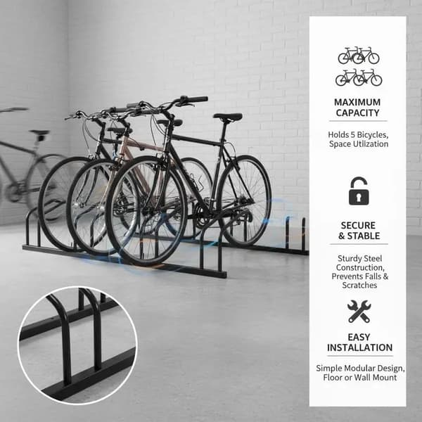 Cykelstativ, Stål Konstruktion, Holder 5 Cykler,sort