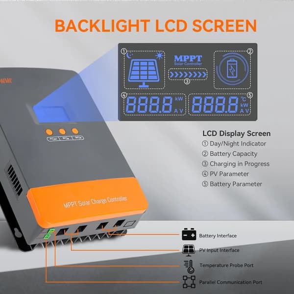 Solcellelader Controller, 60A Maksimal Strøm, LCD Skærm,60A, 12V 24V 36V 48V