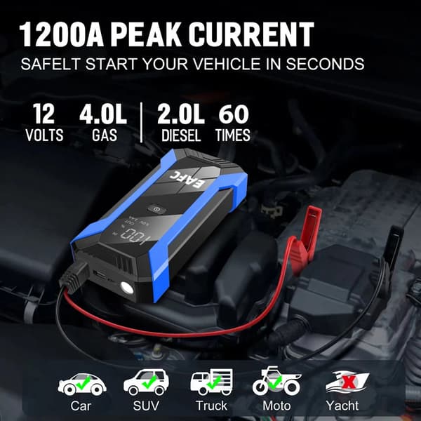 Bil Jump Starter, 1200A Spidsstrøm, Nød LED Lys,1200A
