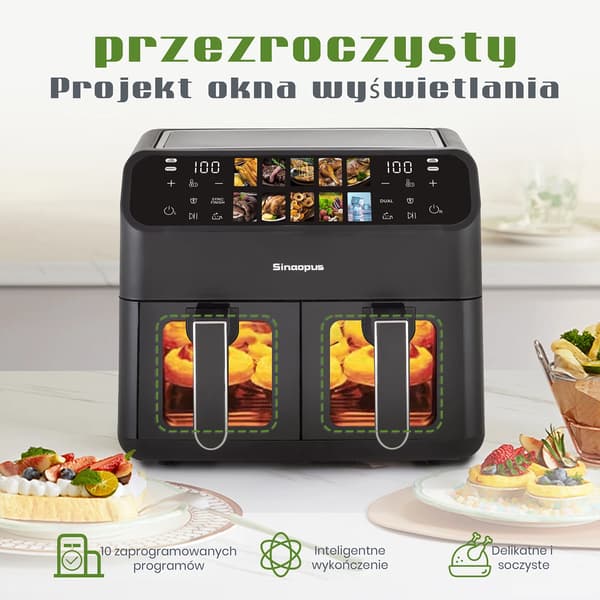 Luftfritös, 9L kapacitet, 2000W effekt, temperaturintervall 80-200°C, LED-touchpanel, 10 matlagningsprogram
