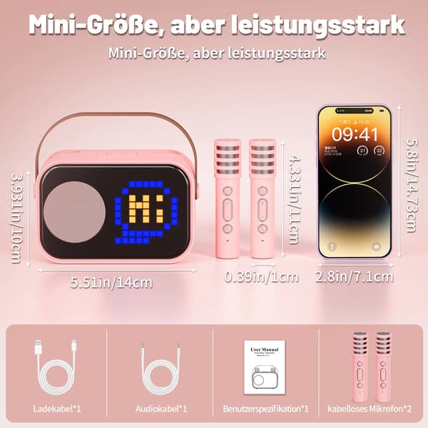 Karaoke Maskine, Bluetooth Forbindelse, Dobbelt Trådløse Mikrofoner,pink