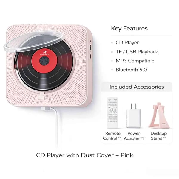 CD-soitin, Bluetooth 5.0, kaukosäädin,vaaleanpunainen