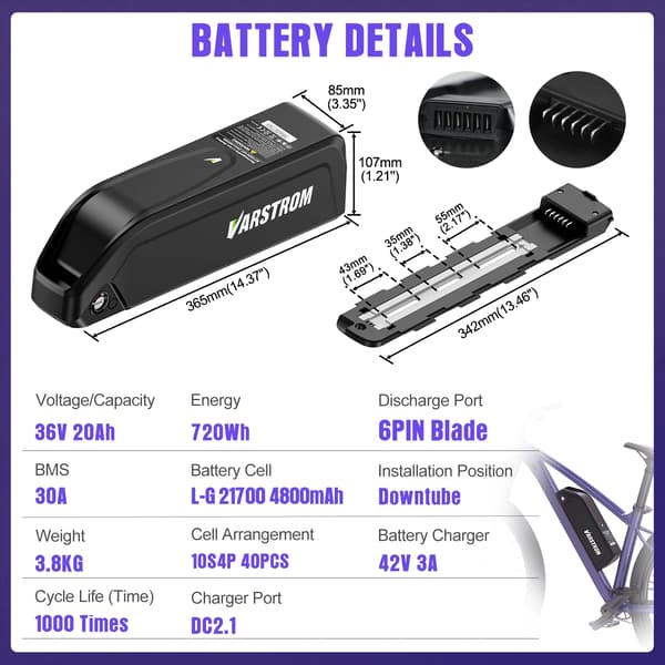EBike Batteri, 36V 20Ah, Kompakt Design,HY 36V20AH (3A Oplader)