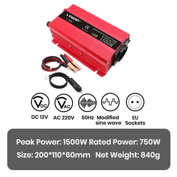 Strømomformer, DC til AC konvertering, Dual USB opladning,1500W