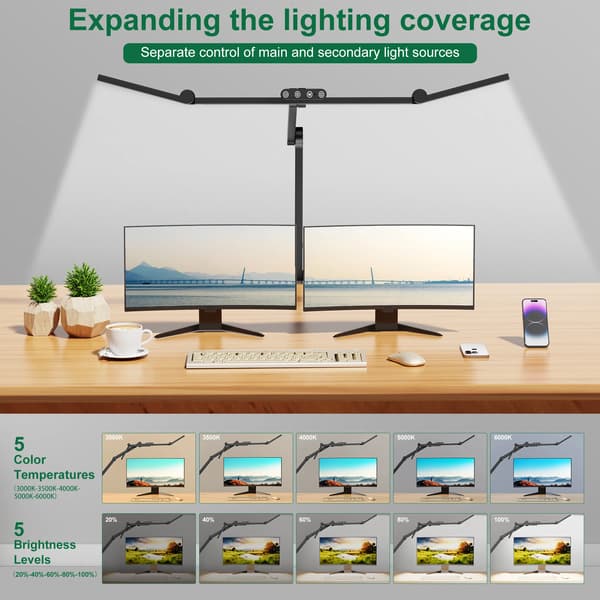 Skrivebordslampe, Justerbar Arm, Tilpasseligt Lys,3 Hoved