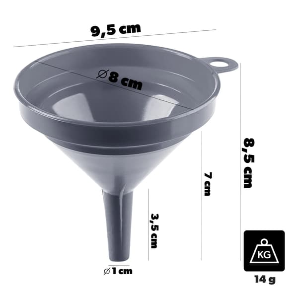Tratt, Diameter 8 cm, Hållbar polypropen, Lätt design, Diskmaskinssäker, Lämplig för smala behållare