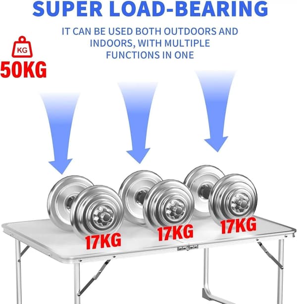 Fällbart Bordsbord, Aluminium, 120 x 60 cm, Höjdjusterbart 70/62/55 cm, Stöder 4 Personer, Kompakt Fällbar Design