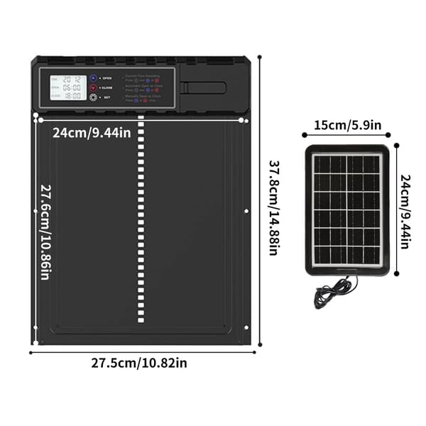Automatisk hönshusdörr, sol- och USB-driven, anti-klem säkerhet,svart