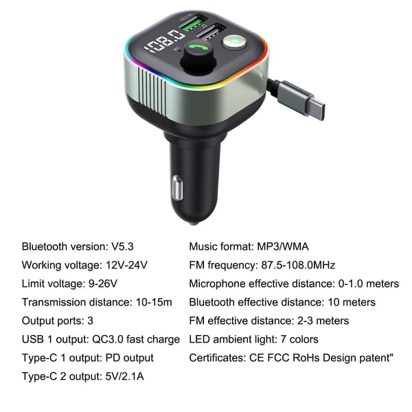 FM-lähetin, Bluetooth 5.4, Nopea lataus,GZ11