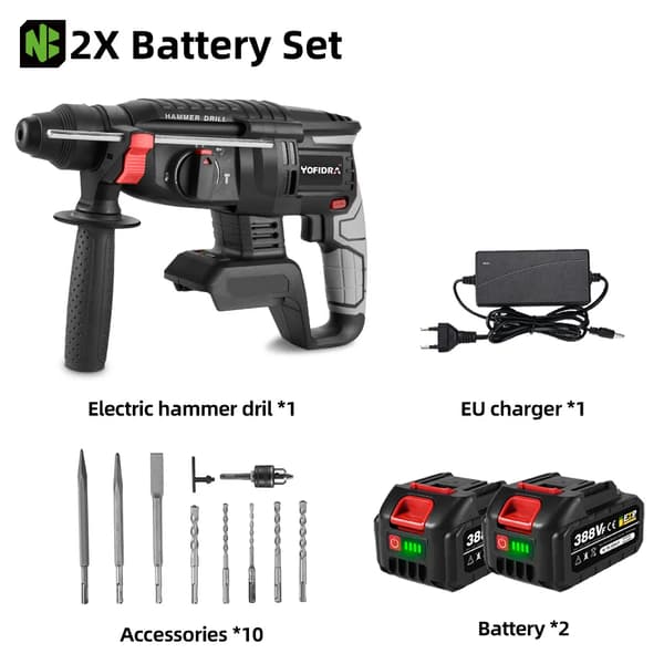 Rotationshammare, 1680W Effekt, Multifunktionell Kapacitet,2XBattery Set-D