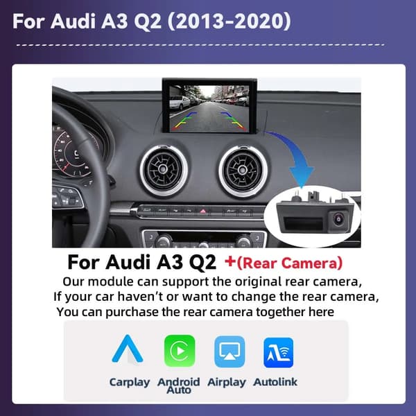 CarPlay-modul, trådløs forbindelse, navigationssupport,Til Audi A3 Q2 Med Bagkamera