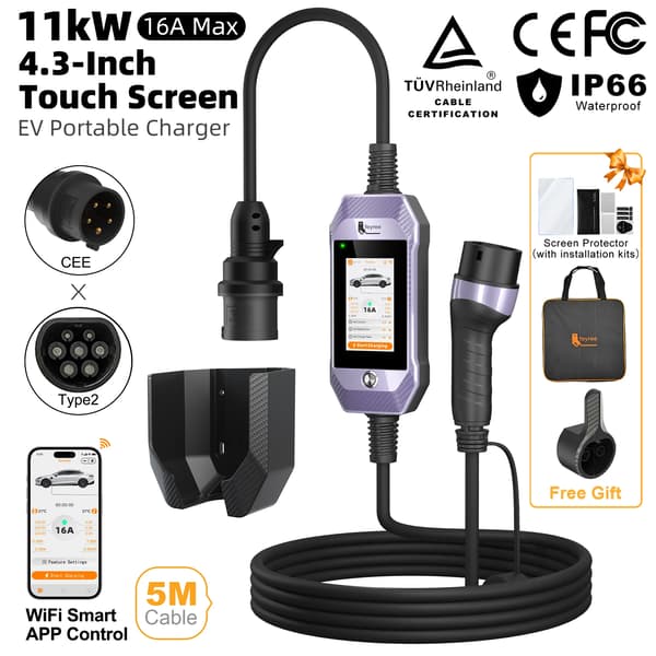 Bärbar EV-laddare, Smart App-kontroll, 11 kW effekt,Lila, Typ2