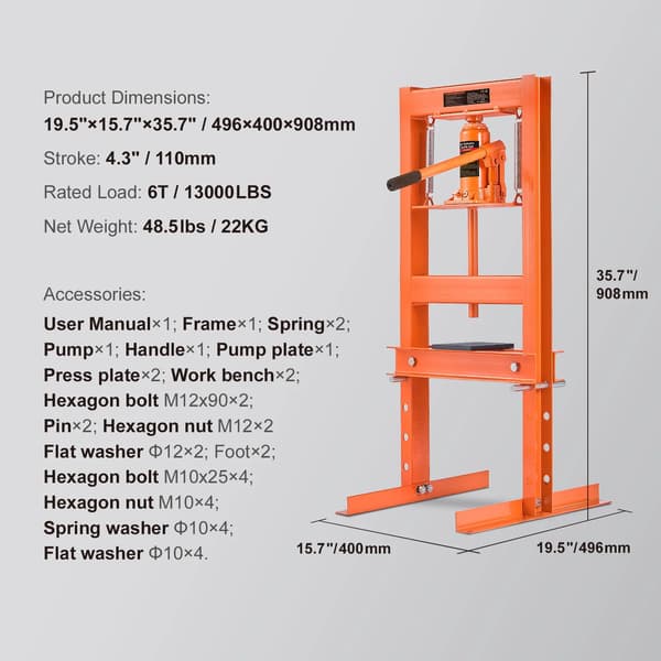 Hydraulisk Værkstedspresse, 6 Tons Kapacitet, Manuel Drift,6T