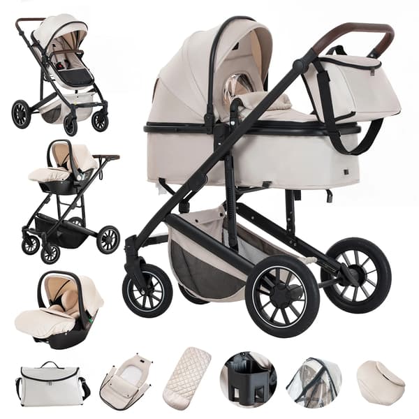 Barnevogn, 3-i-1 Design, Aluminiumramme,516-BEIGE