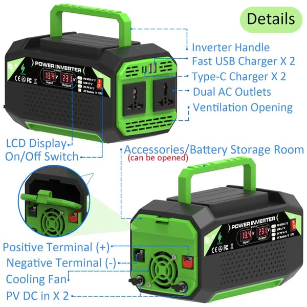 Strømomformer, Høj spidseffekt, Flere USB-porte,500W