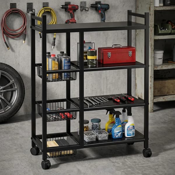 Opbevaringsreol, 4-niveau design, mobil med låsbare hjul,sort