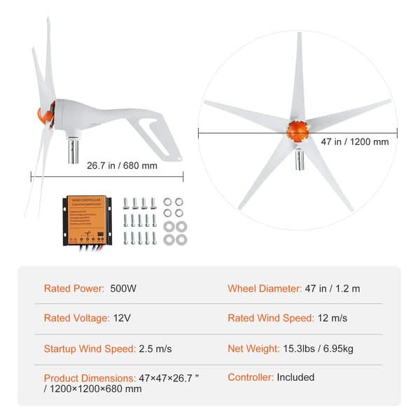 Vindkraftverk, Hög Effektivitet, MPPT Styrenhet,12V 500W 5 blad