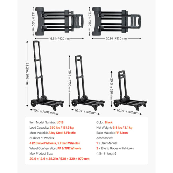 Handtruck, Sammanfallande Design, 290 lbs Lastkapacitet,290Ibs