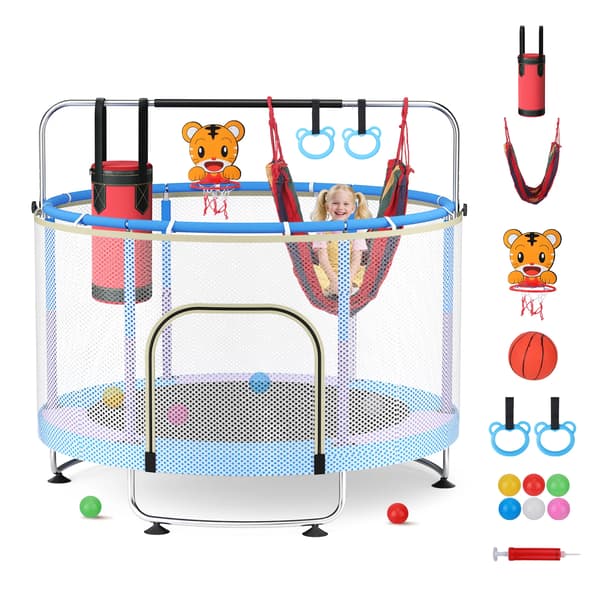 Børne Trampolin, Justerbar Stang, Flere Tilbehør,Blå