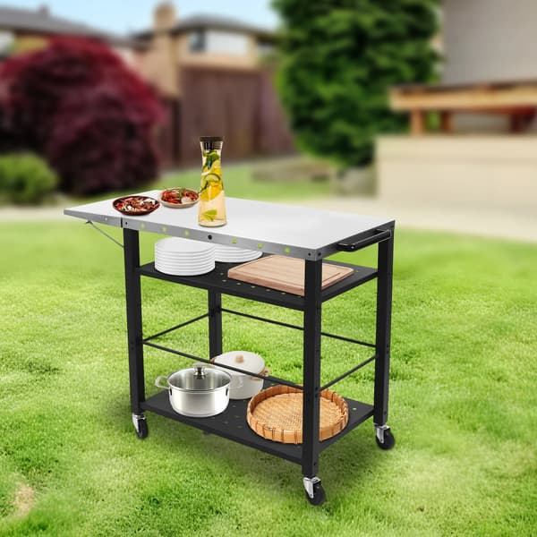 Grillvogn, Rustfrit Stål, 4-Lags Opbevaringshylder,sort