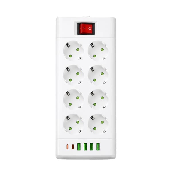 Strømfordeler, 6 Schuko-stik, USB-C og USB-A porte,8 stik