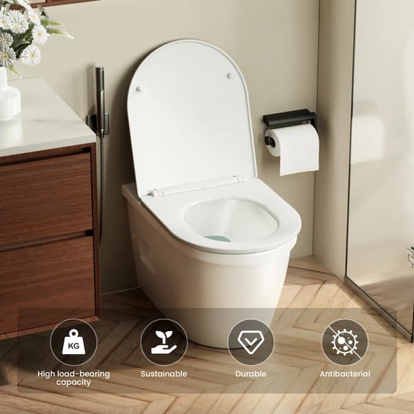 Toiletbræt, Holdbart PP-materiale, Blød-lukningsmekanisme,Hvid, D-formet