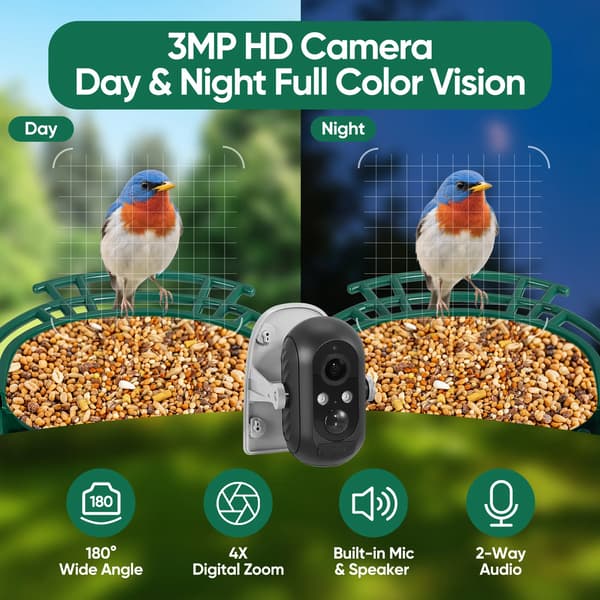 Fuglefoder, 3MP HD Kamera, Smart AI Genkendelse,hær grøn