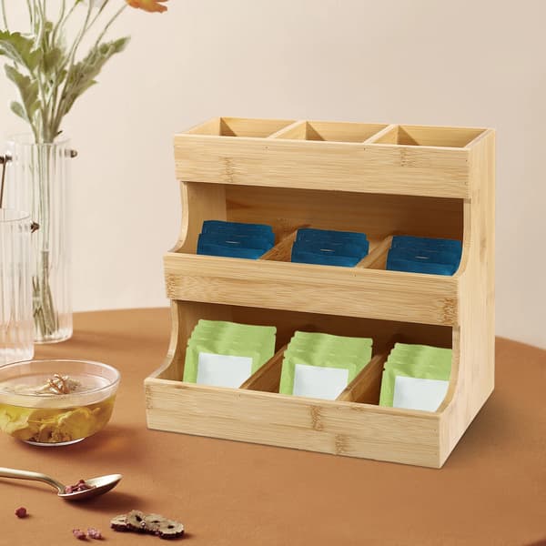 Teebag Organizer, 9 Rum, Holdbar Bambus Konstruktions,3-lags, Træfarve