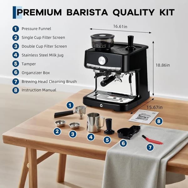 Espresso Maskine, 15-Bar Pumpe, Mælkeskummer,Sort