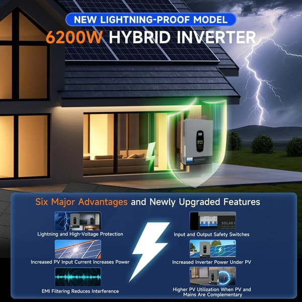 Hybrid sol inverter, ren sinusvåg, 120A MPPT-controller,6200W 48V