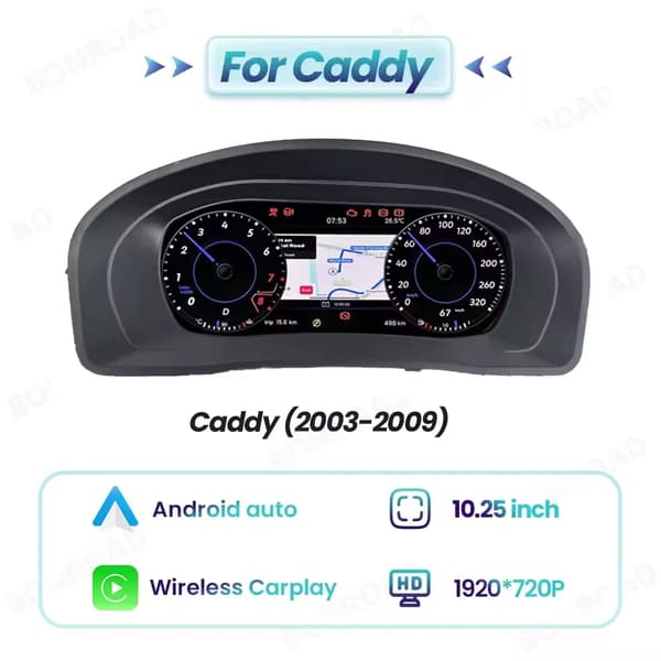 Digitalt Dashboard, Kompatibel med T6 2016-20, Trådløs Forbindelse, HD Skærm,Til Caddy
