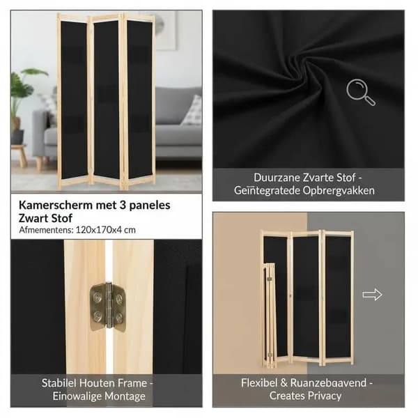 3-panel skærm, holdbart stof, alsidig brug,sort