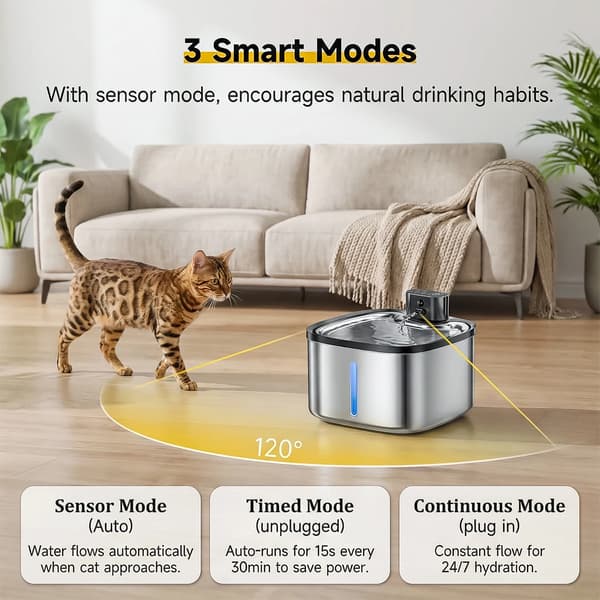 Kattevandfontæne, Rustfrit Stål, Smart Sensor,Standard sæt, Global version, 3.5L, Rustfrit stål