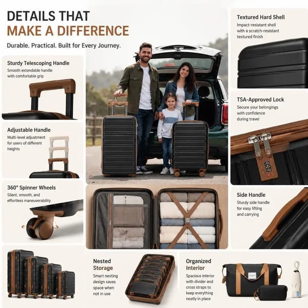 Bagageset, hårdskal, utökningsbar, hållbart ABS-material,1
