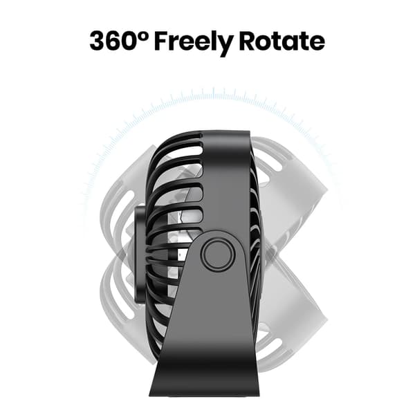 Mini bærbar ventilator, 3 hastigheder, 360° justering,sort