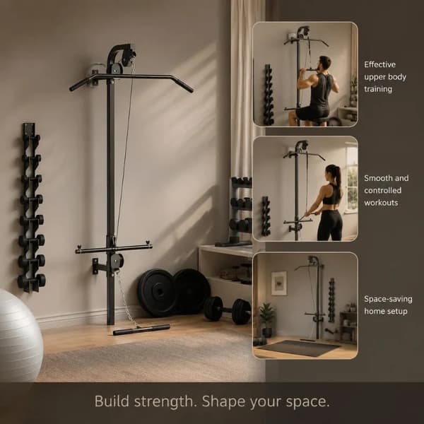 Lat Pulldown Torn, Väggmonterad Design, Inkluderar Dubbelblock,Svart