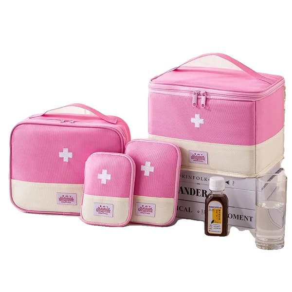 Bärbar Medicinväska, Hållbart Oxfordtyg, Kompakt Design,4-delars Set-Rosa