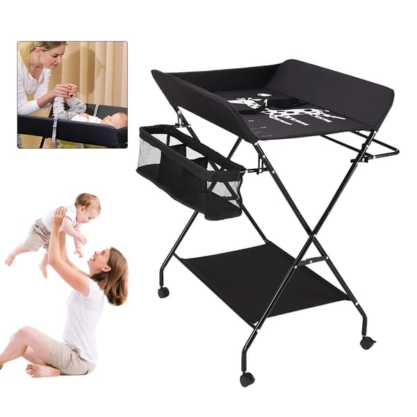 Babyskiftemøbel, Justerbar Højde, Sammenklappeligt Design,sort