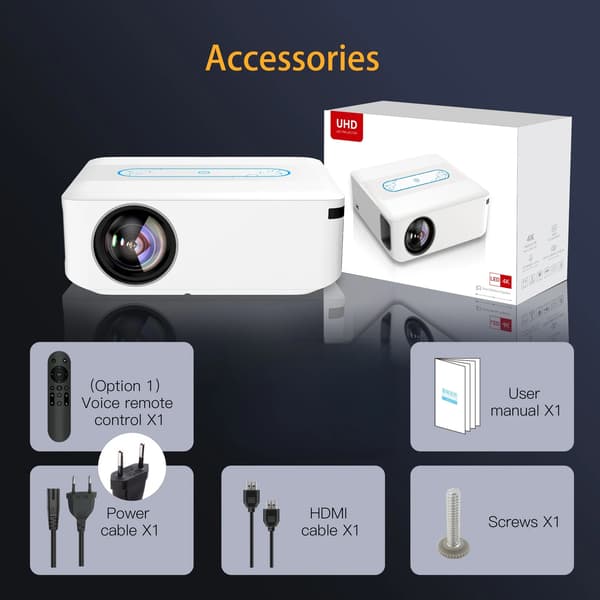 Projektor, Native 1080P, Dual WiFi-forbindelse,100V-240V EU Stik-a, HVID