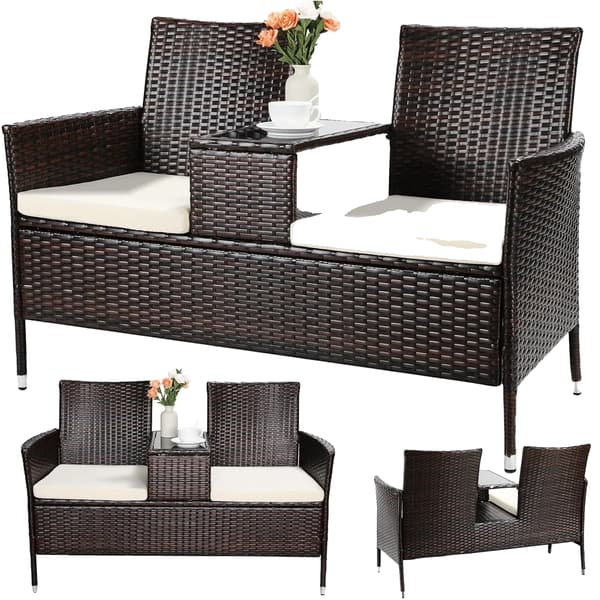 Have Sofa, To Sæder, Polyrattan Materiale,Brun-beige pude