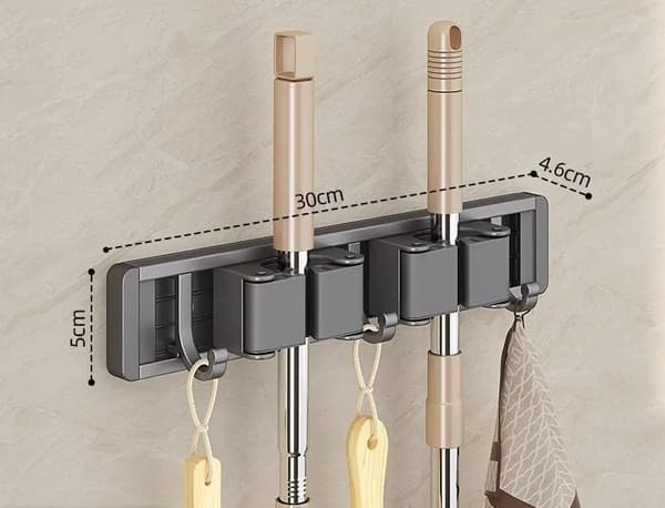 Moppe- og kostorganisator, vægmonteret, 5 kroge,3 Krog sorte