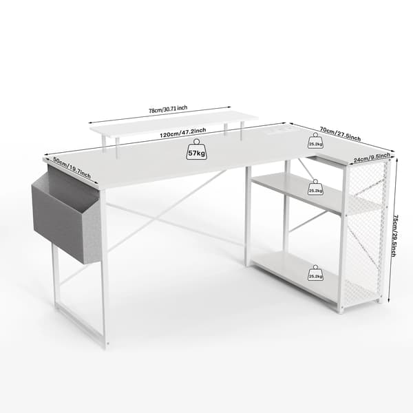 Datorbord, L-formad design, integrerade strömförsörjningar,Vit-120*70*75cm
