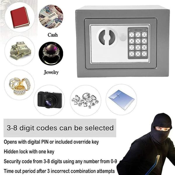 Sikkerhedsskab, Digital Lås, Solid Stål Konstruktion,16L Grå