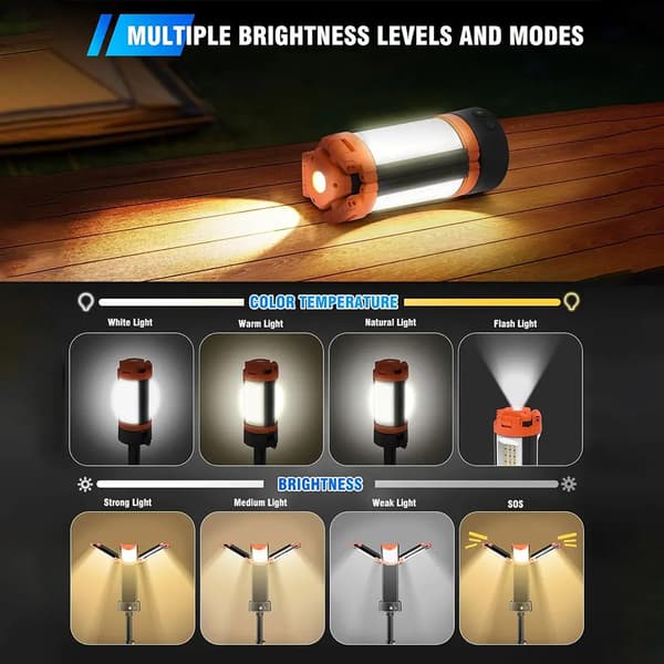 Campinglampe, Justerbart Stativ, Multi-Direktionel Belysning,9000mAh