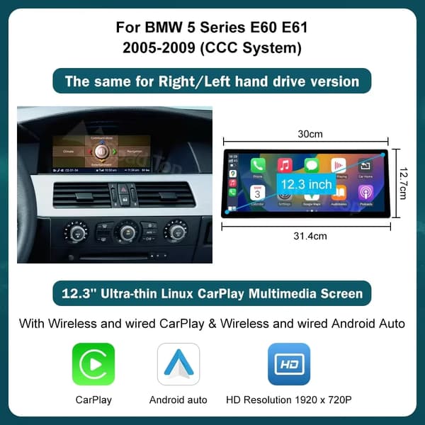 Carplay, högupplöst skärm, smartphoneintegration, kompatibel med BMW 3/5-serie E90/E91/E92/E93 E60 E61 E62,Ingen-a, E60 CCC 12.3