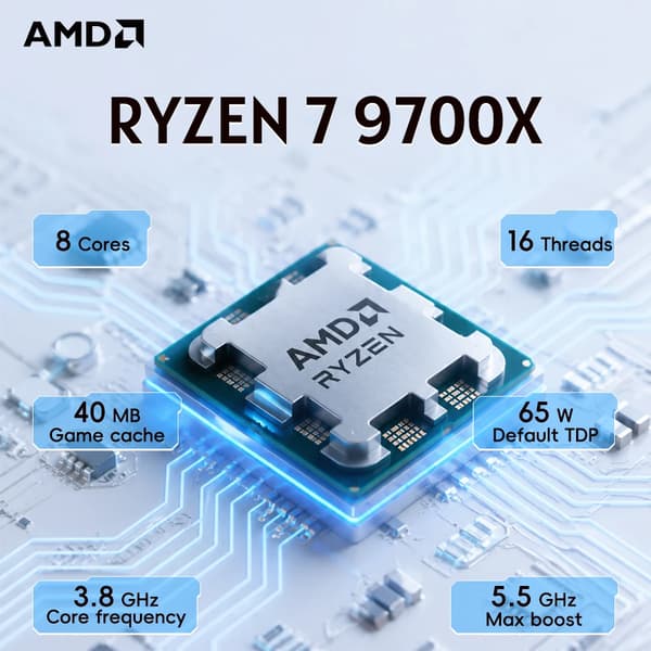 CPU-processor, 8-kärnor, 16 trådar, L3-cache 32 MB, DDR5-stöd, AM5-sockel