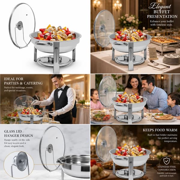 Chafing Dish, 5L kapacitet, rund form, rustfrit stål, højde 22,5 cm, diameter 34 cm