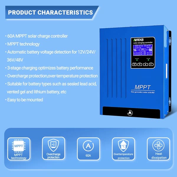Solcellsregulator, 60A Utgång, MPPT Teknik,MPPT 60A