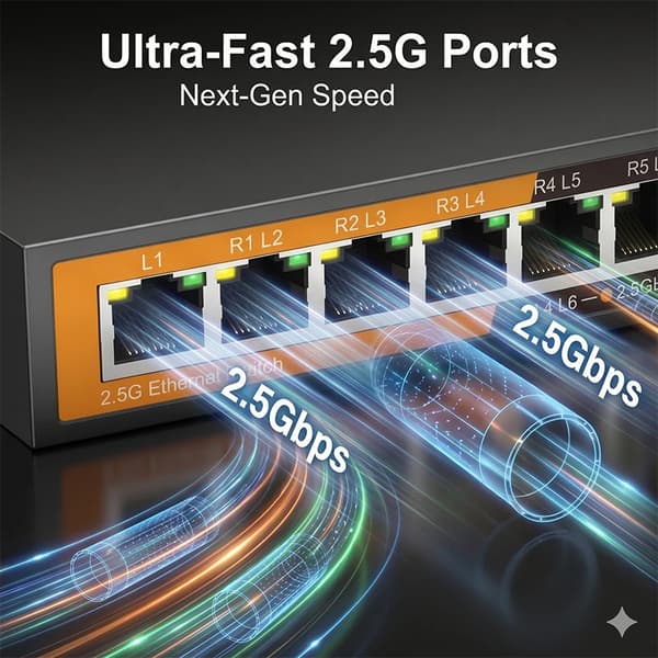 Ethernet Switch, 9-Port Konfiguration, Højhastighedsforbindelse,8x2.5GbE 1x10G SFP